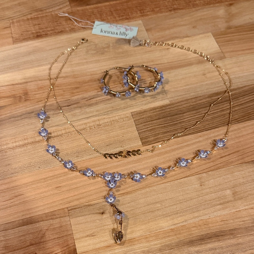 lonna & lilly Gold Tone Necklace and Hoop Earrings with Lavender Flowers